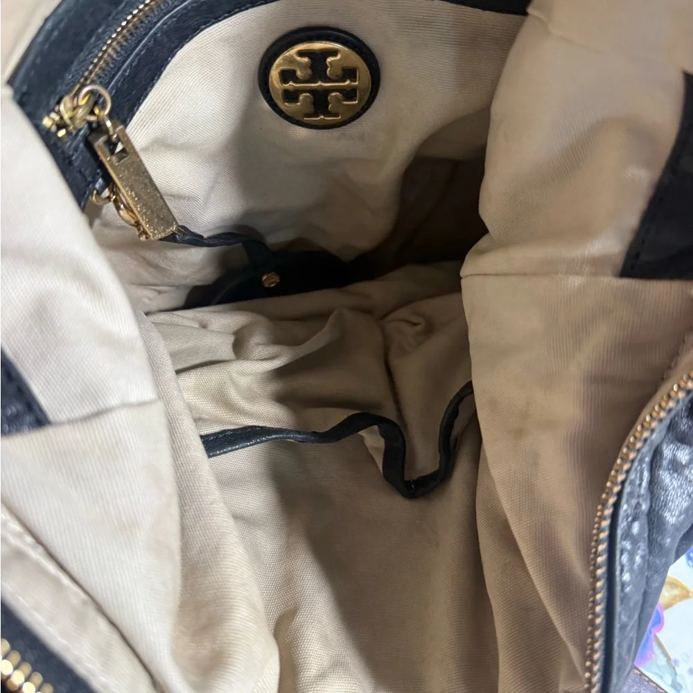 Tory Burch Black Leather Hobo with Gold Chain Detail